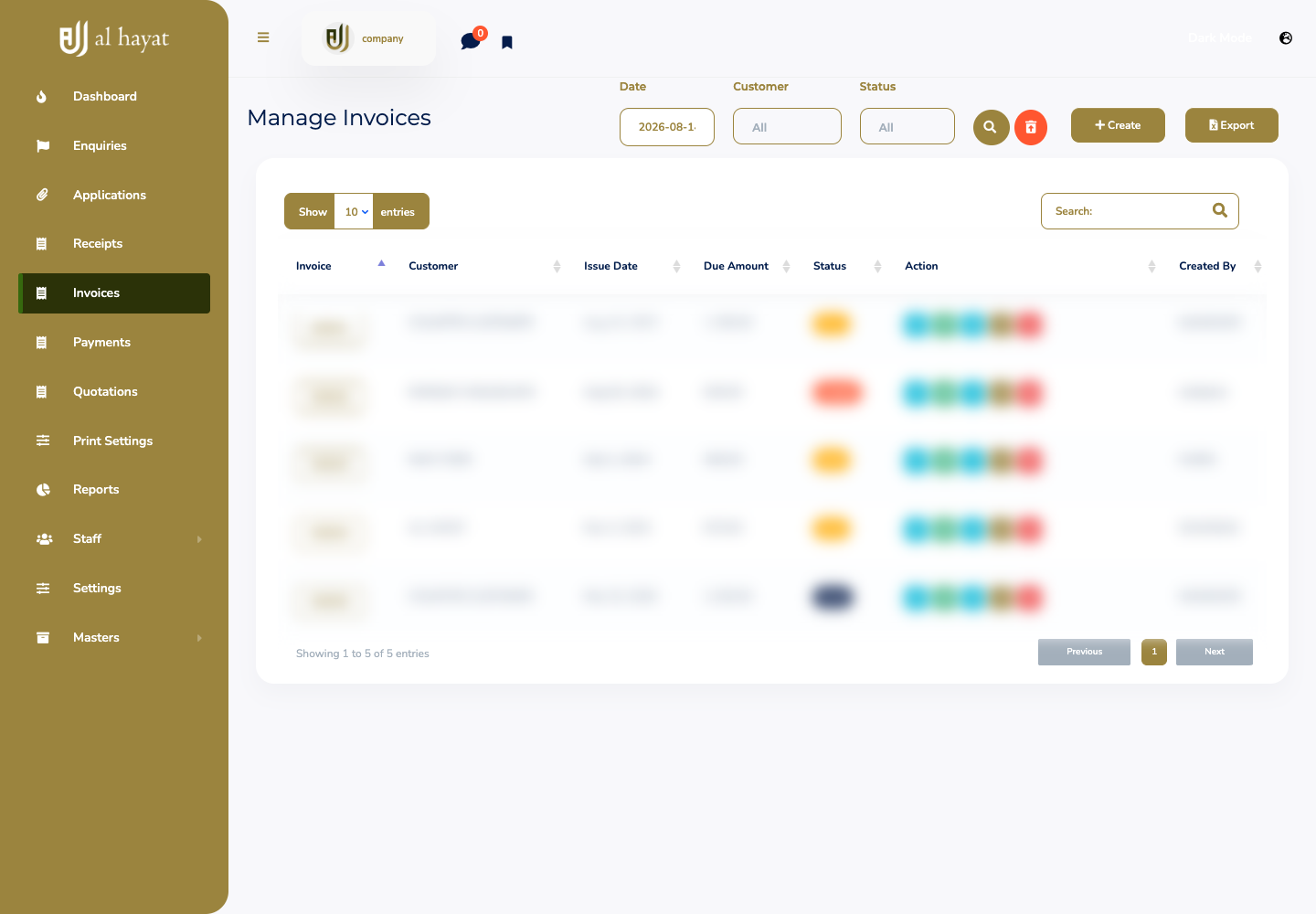 Al Hayat ERP authenticated dashboard screen 2