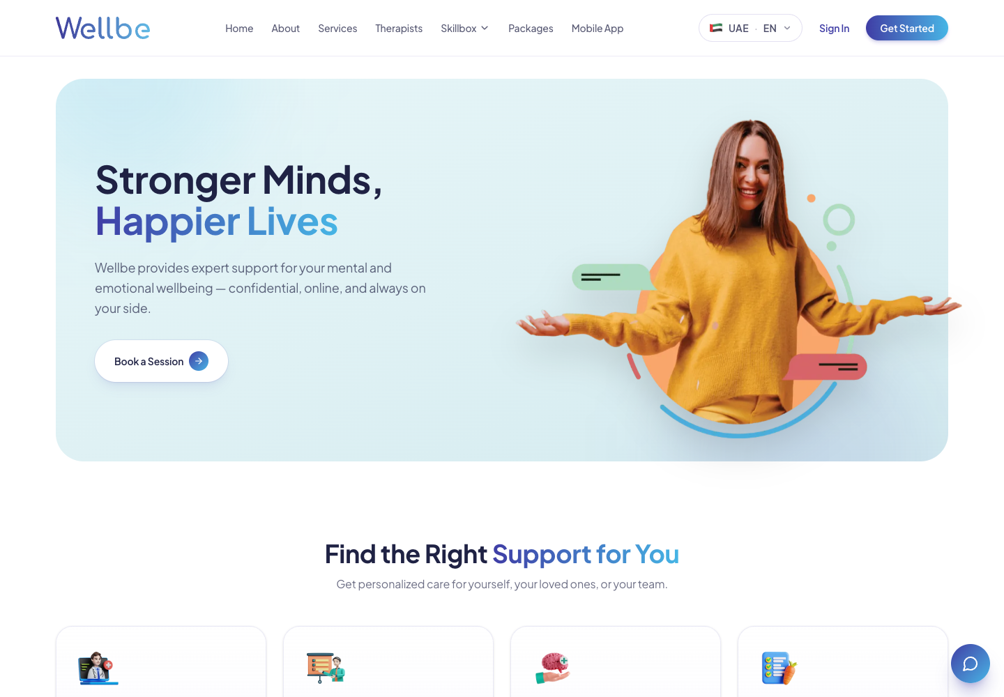 Wellbe online mental health platform homepage