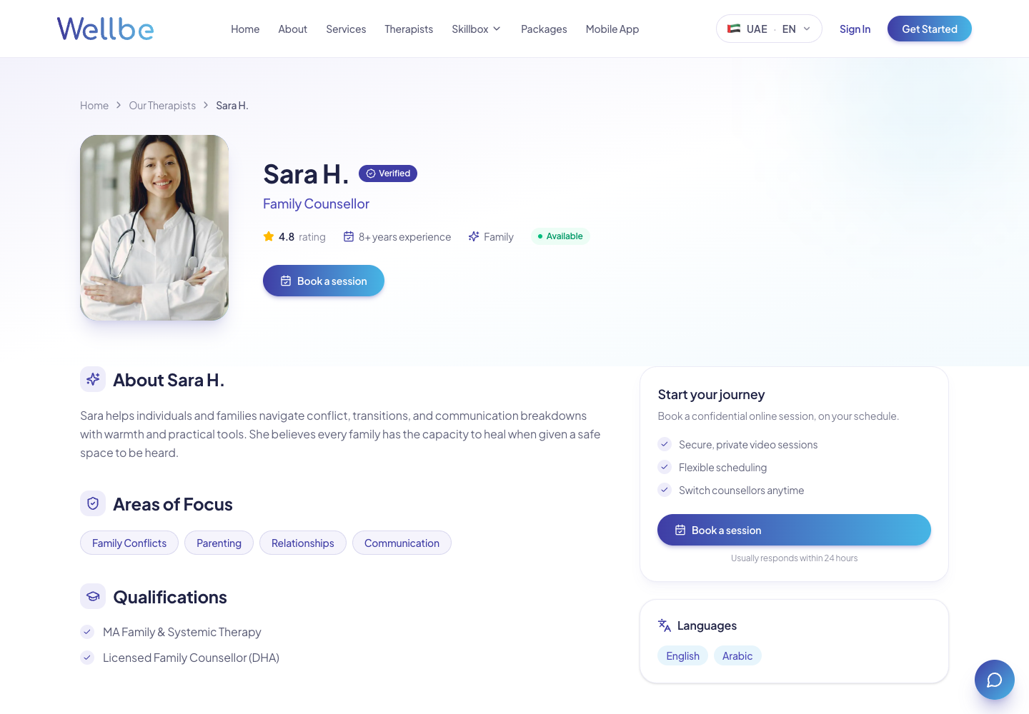 Wellbe therapist profile with qualifications and booking options
