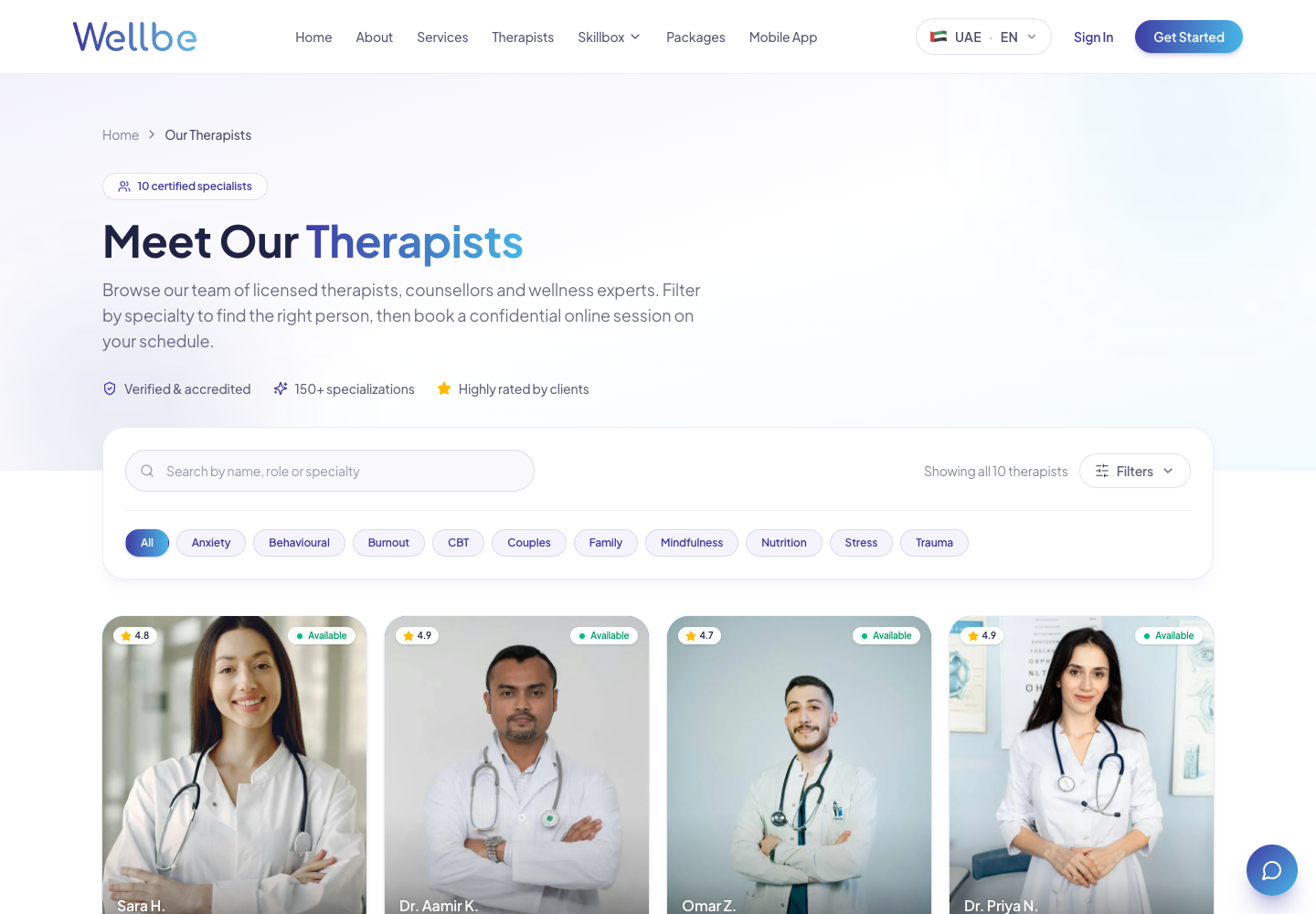 Wellbe therapist directory with specialist search and filters